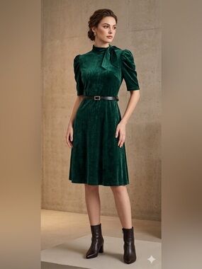 Voodoo Vixen Penelope Green Stretch Velour High Neck Fit and Flare Dress